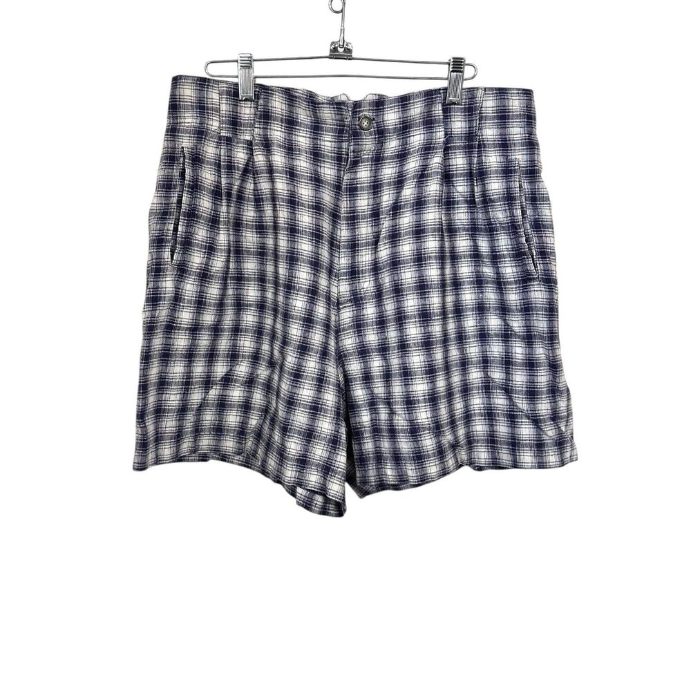 Rafaella Women Sz 14 White Blue Plaid Linen Blend Pleated High Rise Shorts VTG